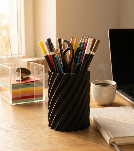 Black striped pencil holder with stationery on a desk with a laptop and coffee cup.