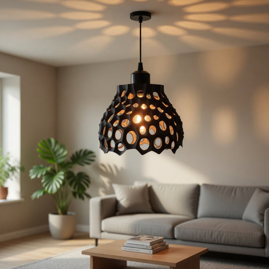 Modern black pendant light hanging in a living room with a sofa and coffee table.