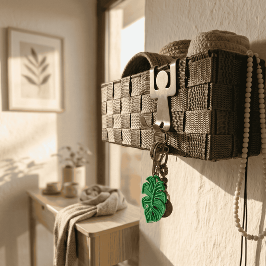 Woven wall hook with a green leaf keychain in a home setting