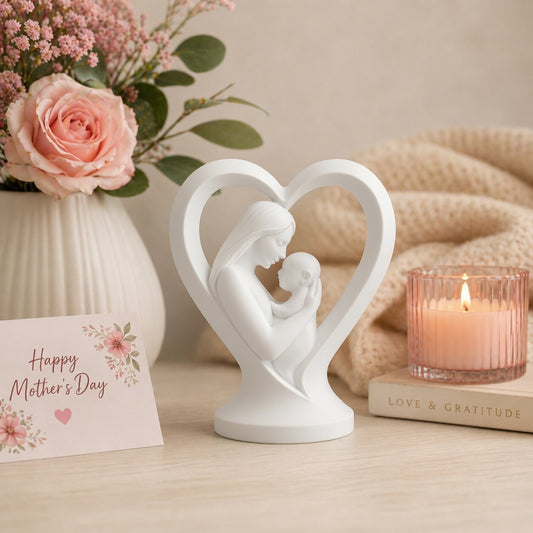 White statue of a mother and child in a heart shape with flowers, card, and candle in the background.